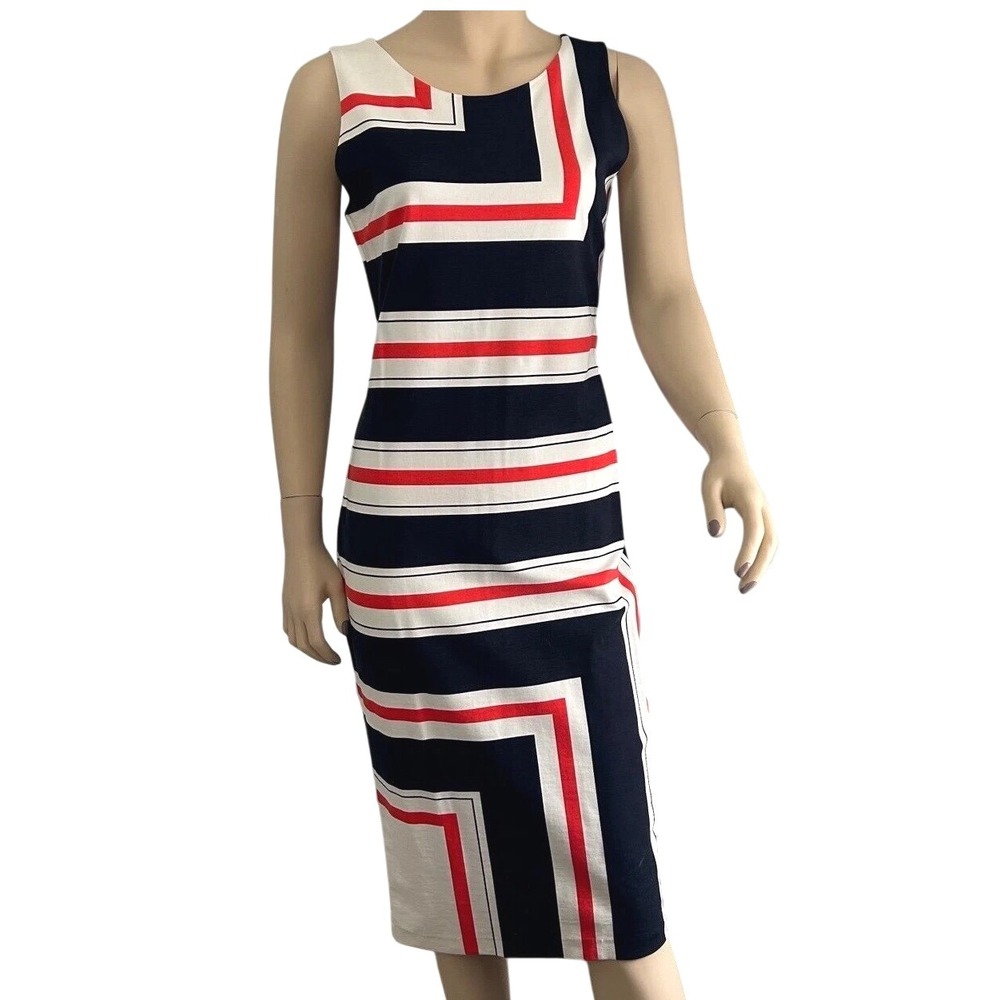 HM Womens Large‎ Ivory Navy Coral Striped Sheath Tank Midi Dress B6